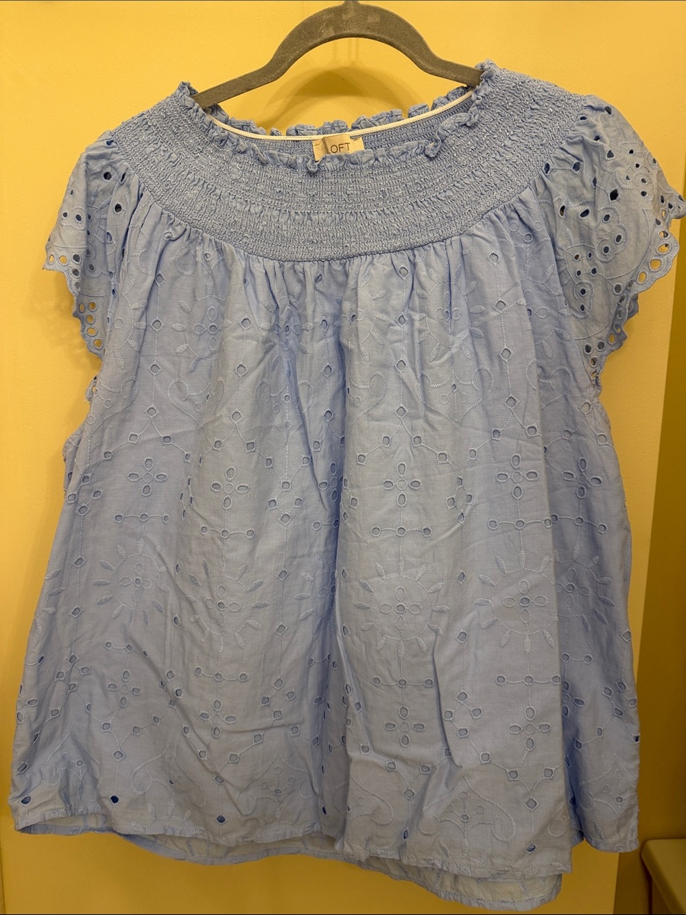 LOFT Light Blue Eyelet Smocked Off-Shoulder Top